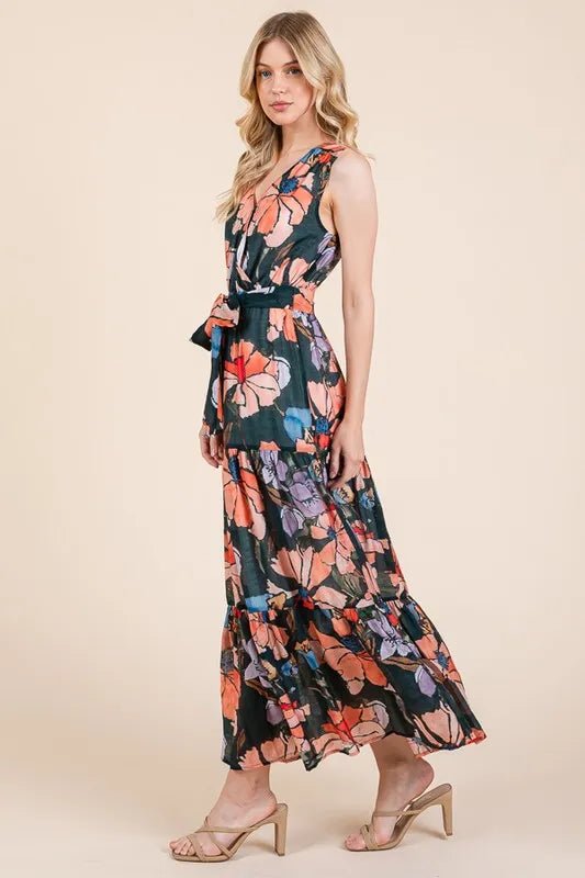 LIME N CHILI - V - Neck Belted Maxi Dress in Coral & Lilac Floral