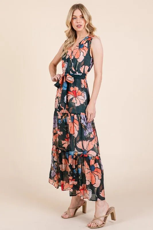 LIME N CHILI - V - Neck Belted Maxi Dress in Coral & Lilac Floral