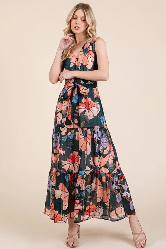 LIME N CHILI - V - Neck Belted Maxi Dress in Coral & Lilac Floral