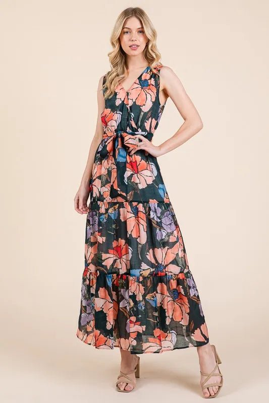 LIME N CHILI - V - Neck Belted Maxi Dress in Coral & Lilac Floral