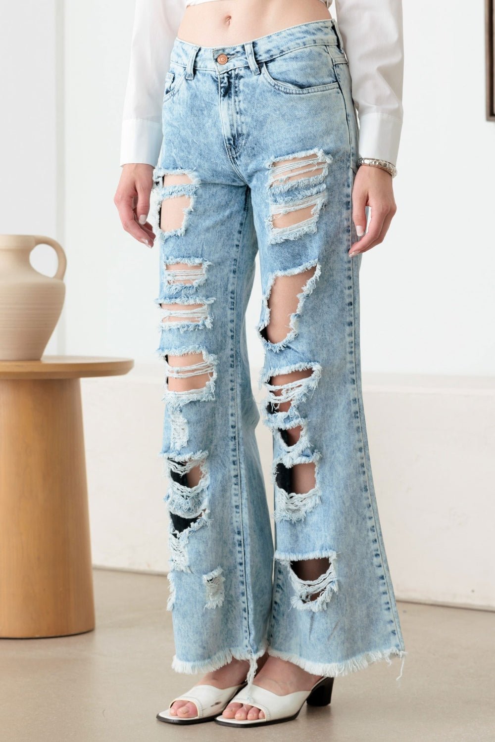 LITZ LAAcid Wash Denim Distressed Frayed Hem Flare Jeans