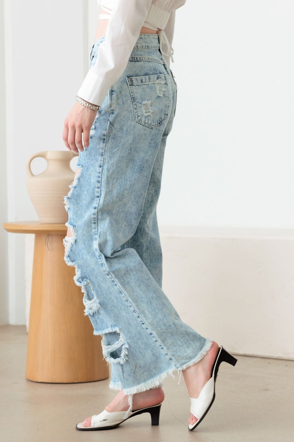 LITZ LAAcid Wash Denim Distressed Frayed Hem Flare Jeans