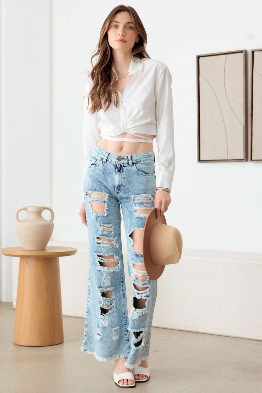 LITZ LAAcid Wash Denim Distressed Frayed Hem Flare Jeans