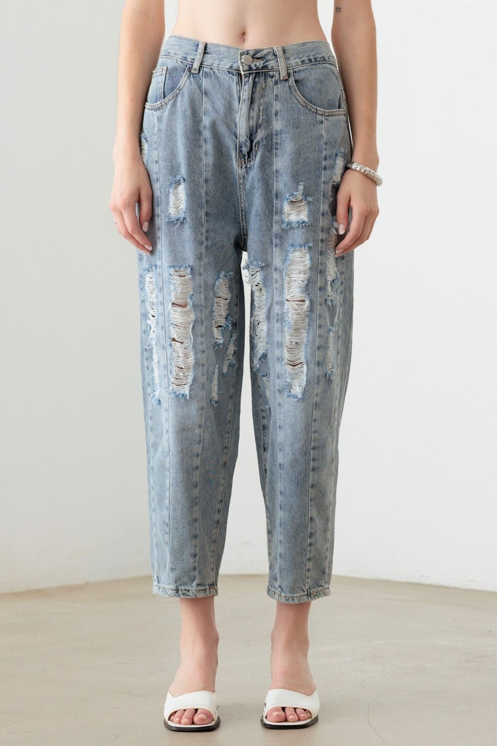 LITZ LALight Wash Denim Barrel Leg High Waist Distressed Jeans