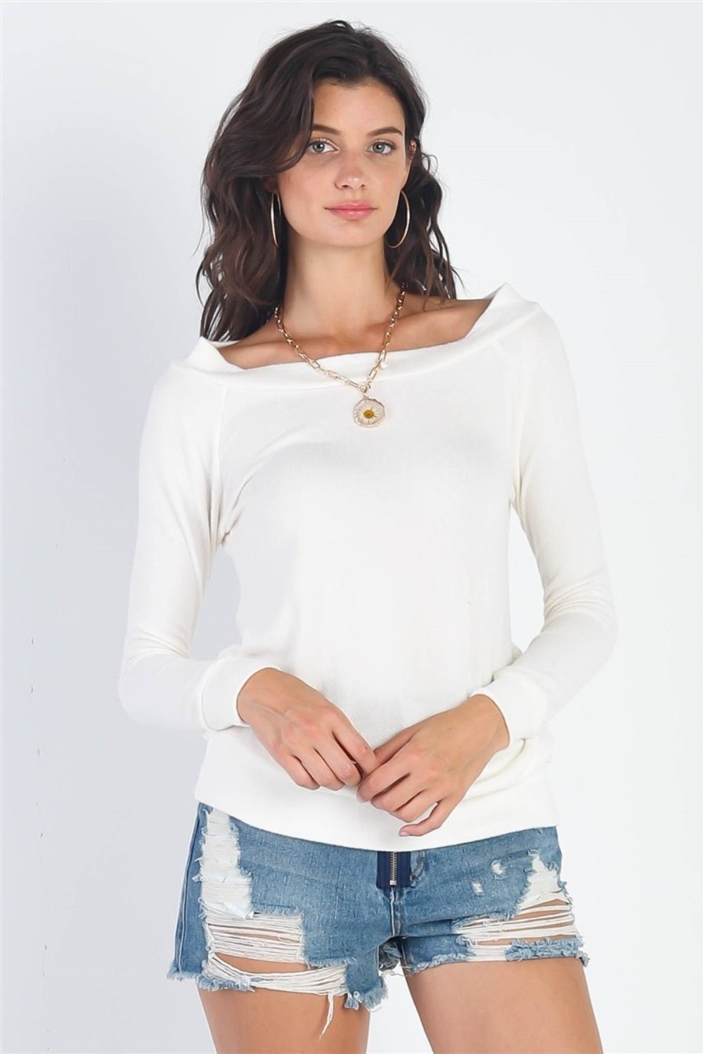 Long Sleeve Boat Neck Top in IvoryTopTASHA