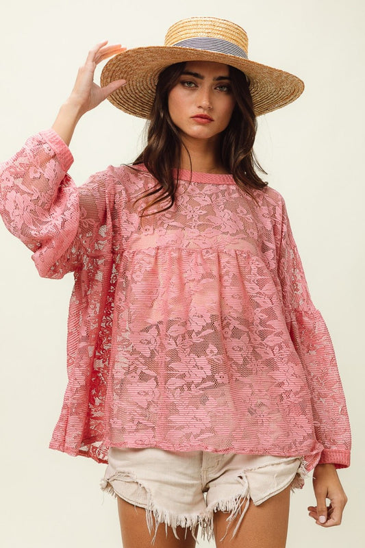 Long Sleeve Floral Lace Top in MauveTopBiBi