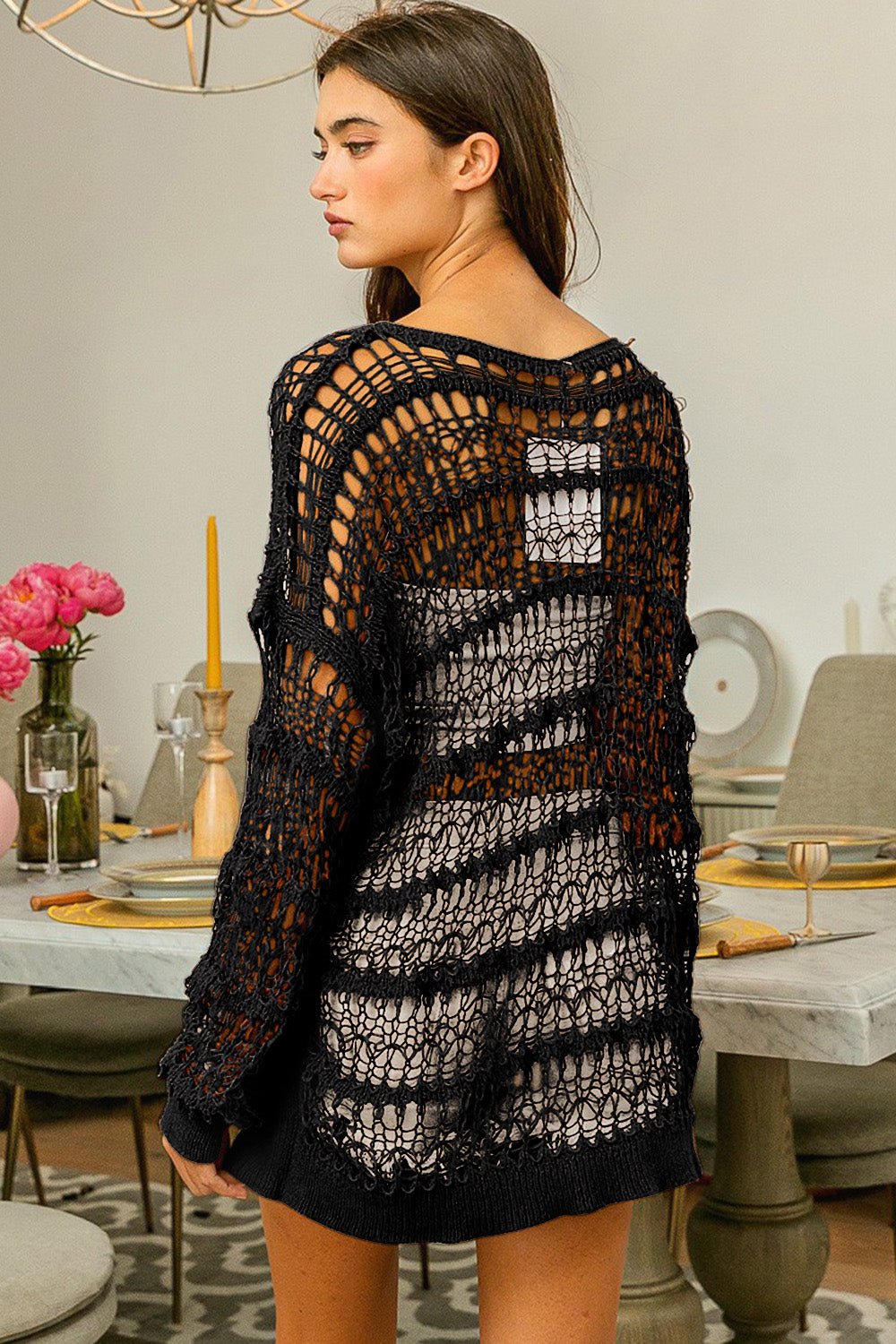 Long Sleeve Openwork Knit Top in BlackTopBiBi