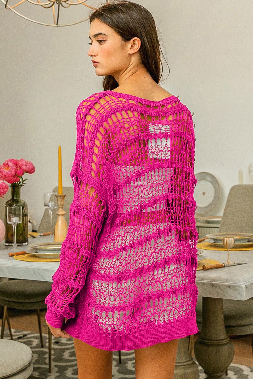 Long Sleeve Openwork Knit Top in FuchsiaTopBiBi