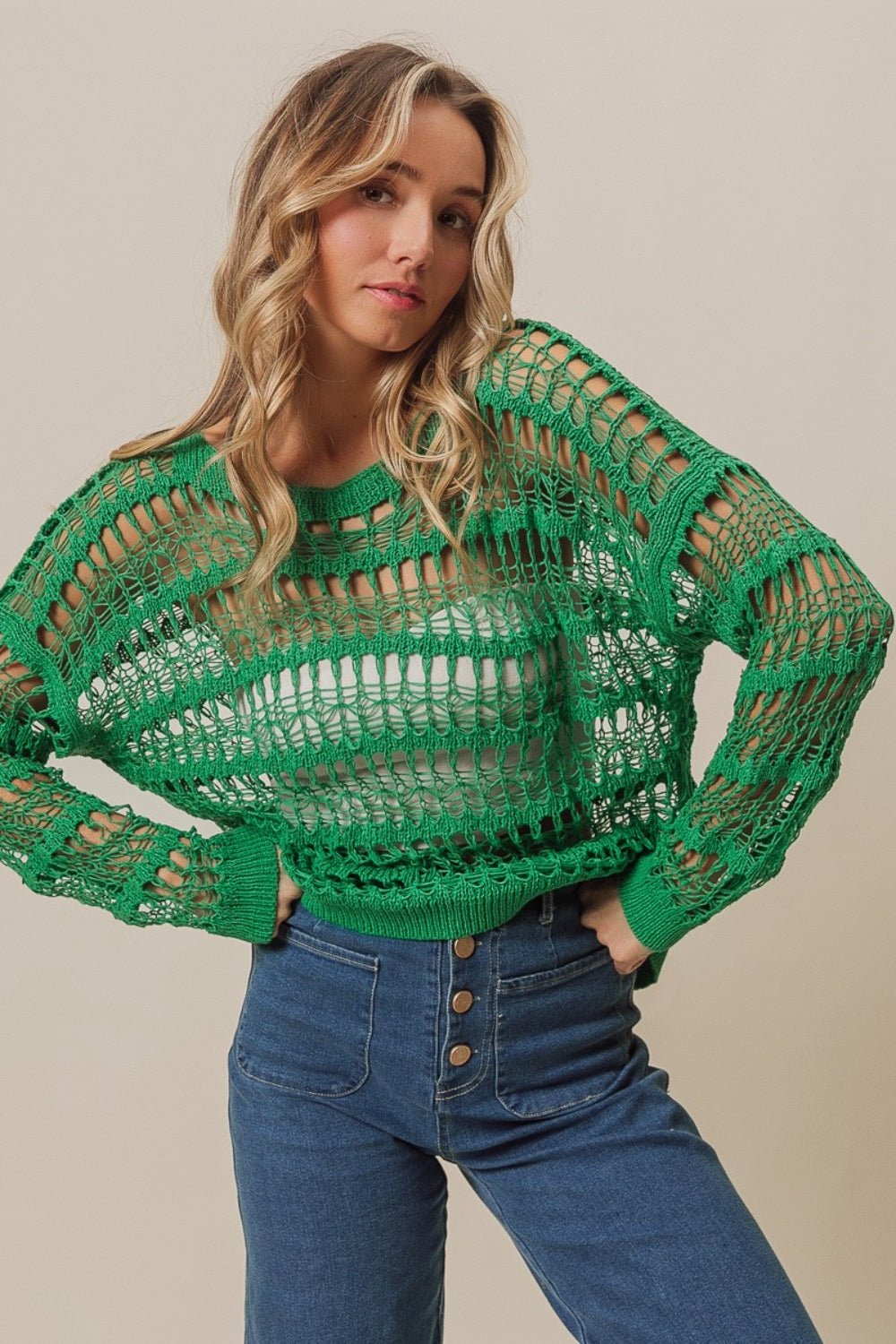 Long Sleeve Openwork Knit Top in JadeTopBiBi