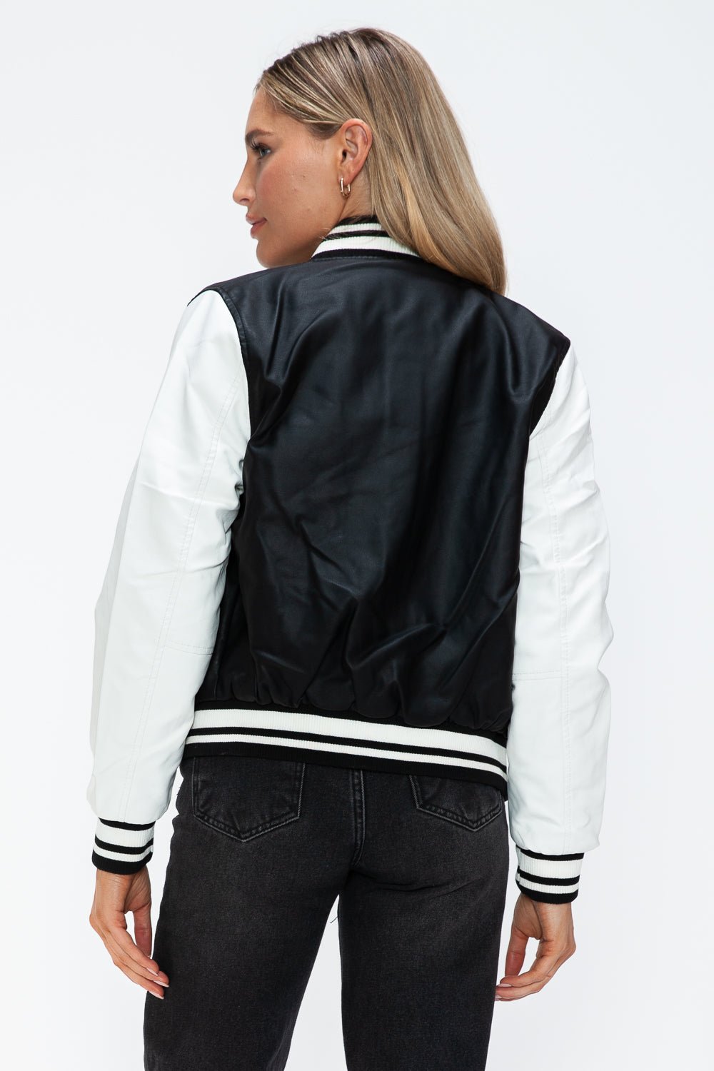 LOVE ME NOW - Black & White Vegan Leather Varsity Bomber Jacket