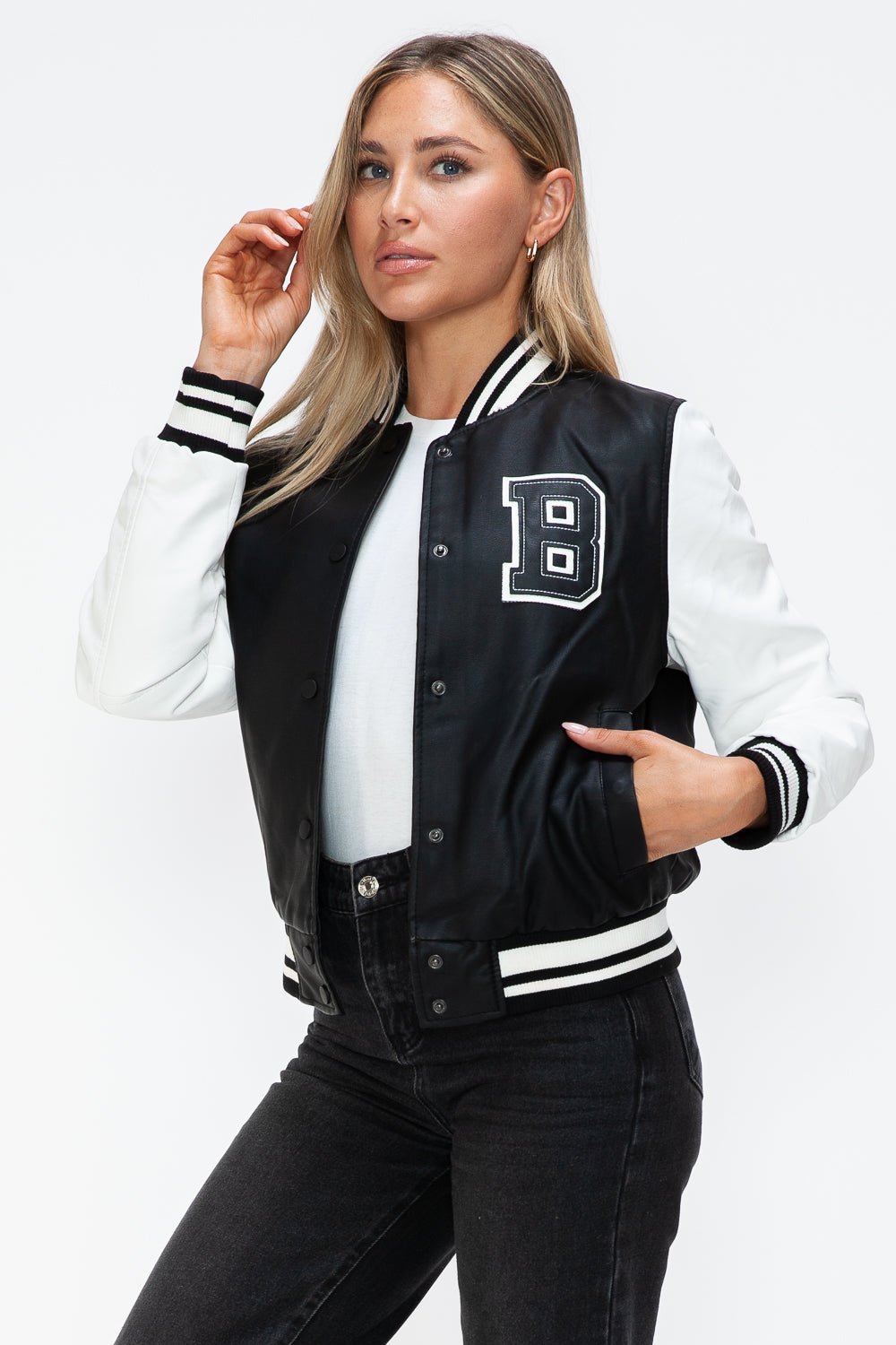 LOVE ME NOW - Black & White Vegan Leather Varsity Bomber Jacket