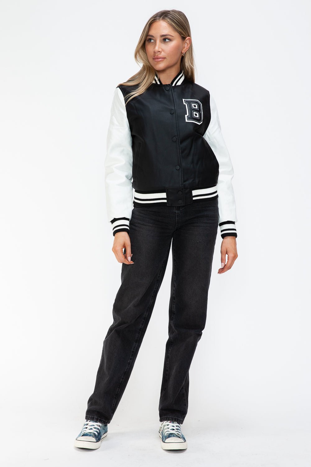 LOVE ME NOW - Black & White Vegan Leather Varsity Bomber Jacket