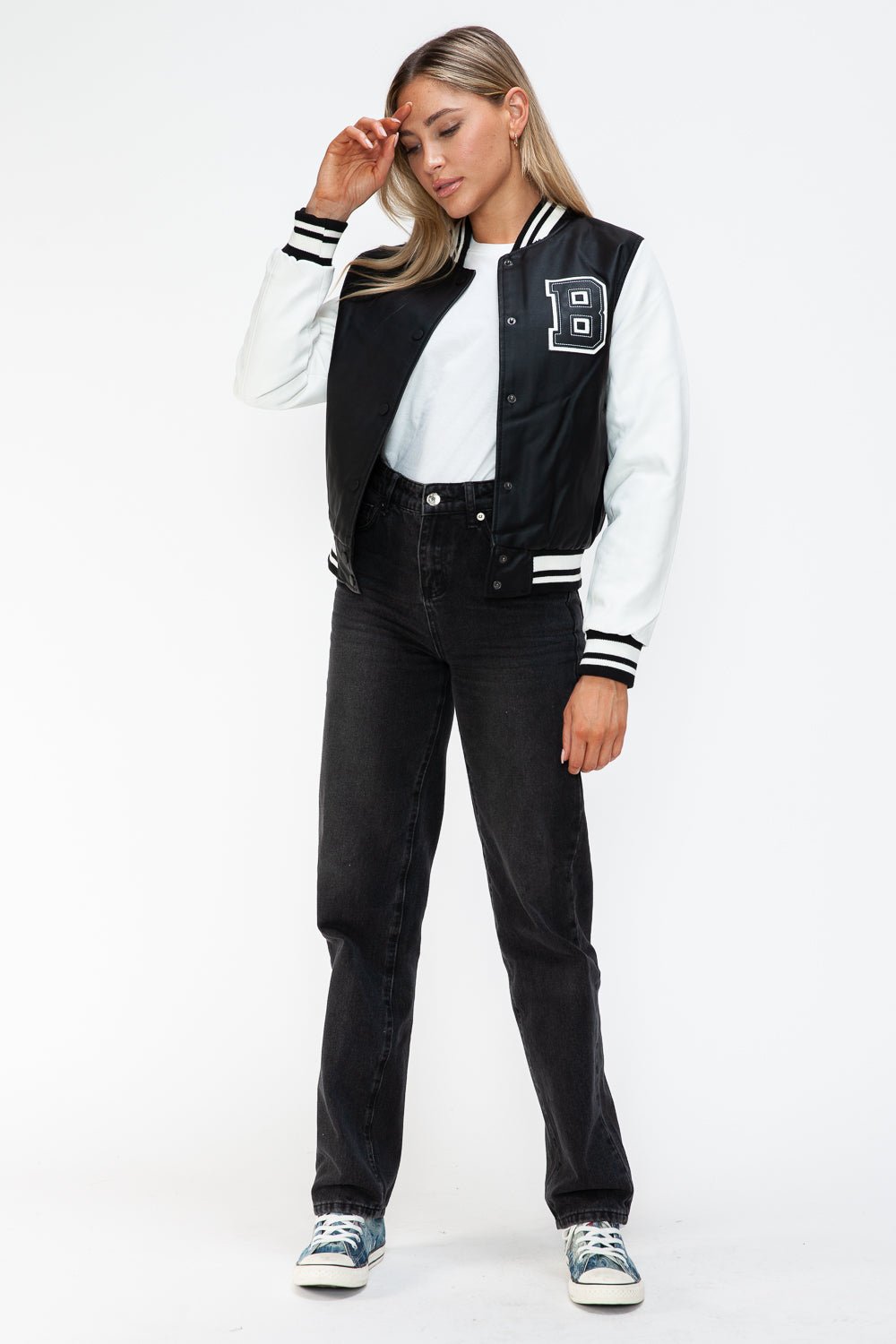 LOVE ME NOW - Black & White Vegan Leather Varsity Bomber Jacket