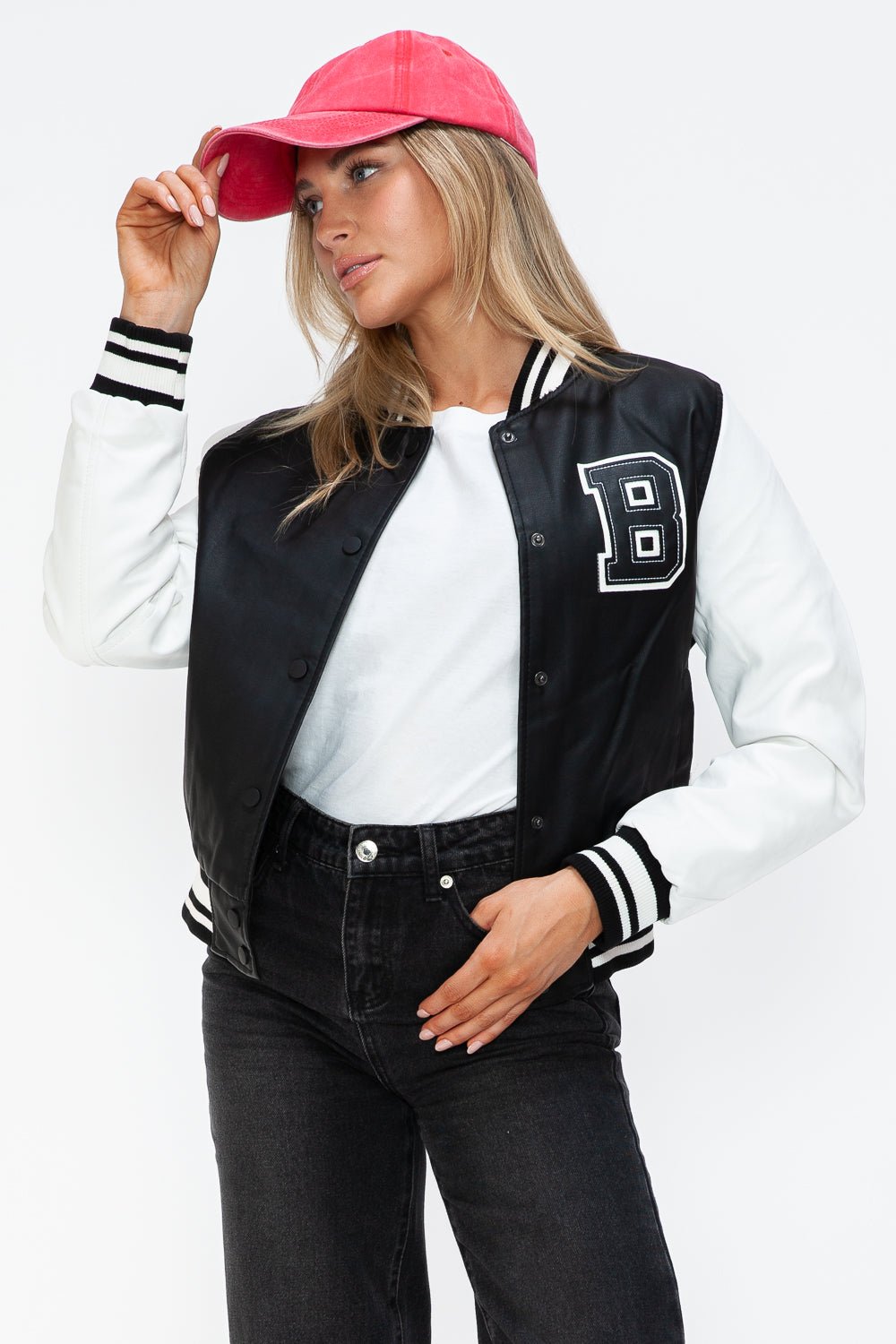 LOVE ME NOW - Black & White Vegan Leather Varsity Bomber Jacket