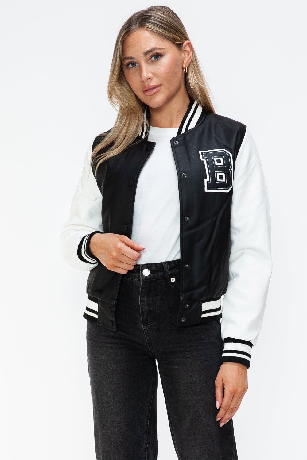 LOVE ME NOW - Black & White Vegan Leather Varsity Bomber Jacket