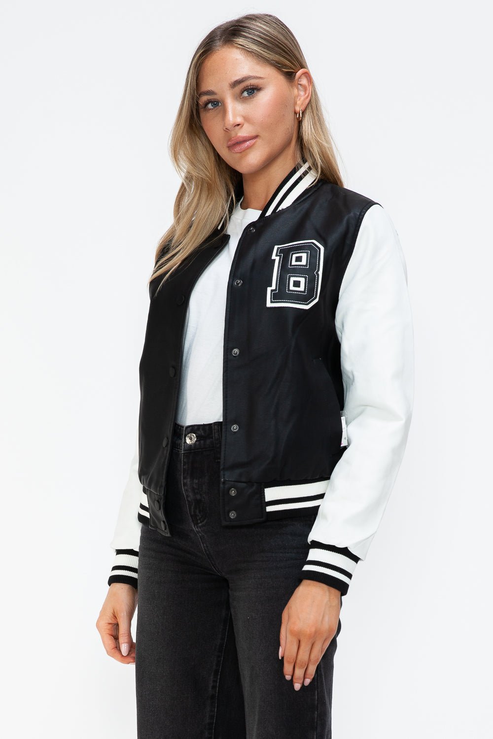 LOVE ME NOW - Black & White Vegan Leather Varsity Bomber Jacket