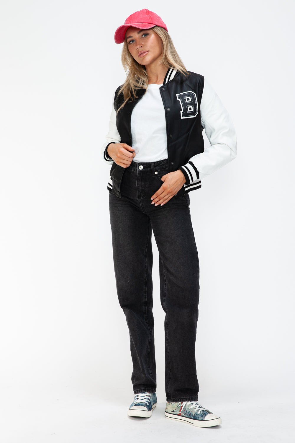 LOVE ME NOW - Black & White Vegan Leather Varsity Bomber Jacket