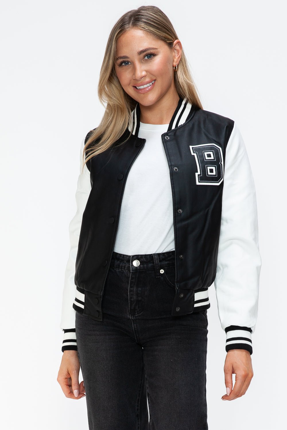 LOVE ME NOW - Black & White Vegan Leather Varsity Bomber Jacket