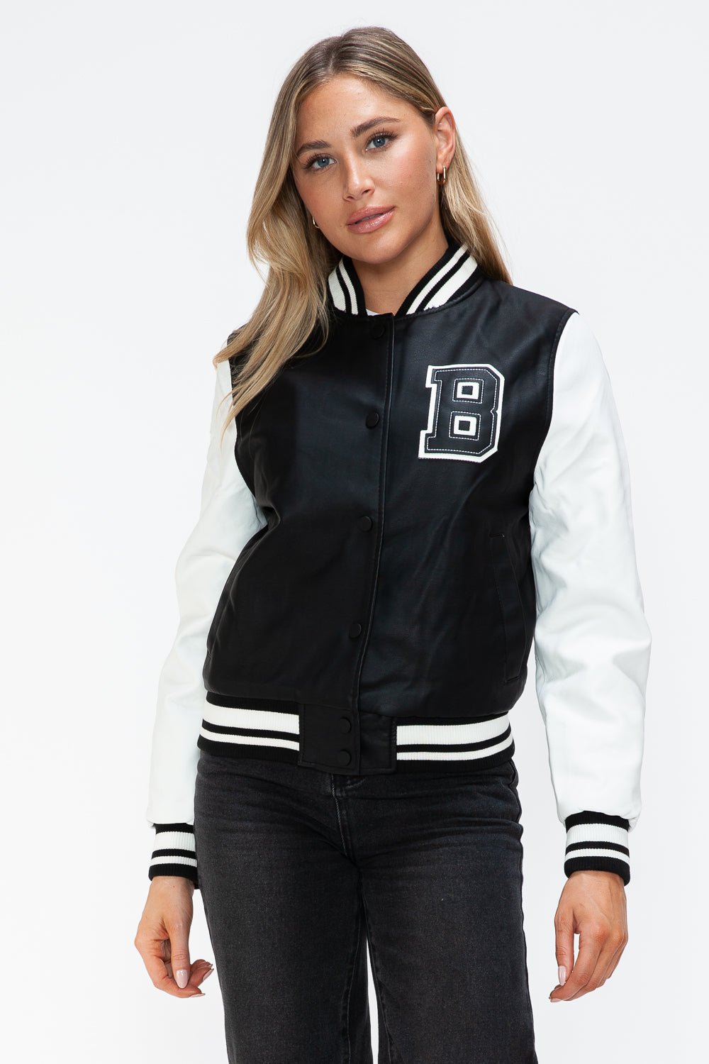 LOVE ME NOW - Black & White Vegan Leather Varsity Bomber Jacket