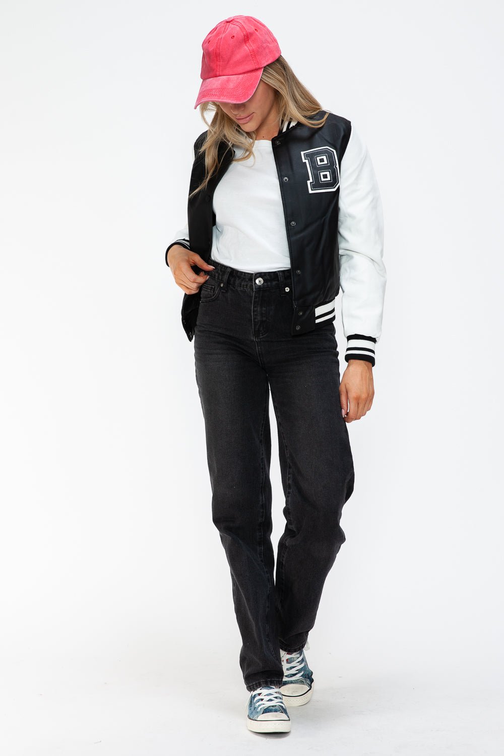 LOVE ME NOW - Black & White Vegan Leather Varsity Bomber Jacket