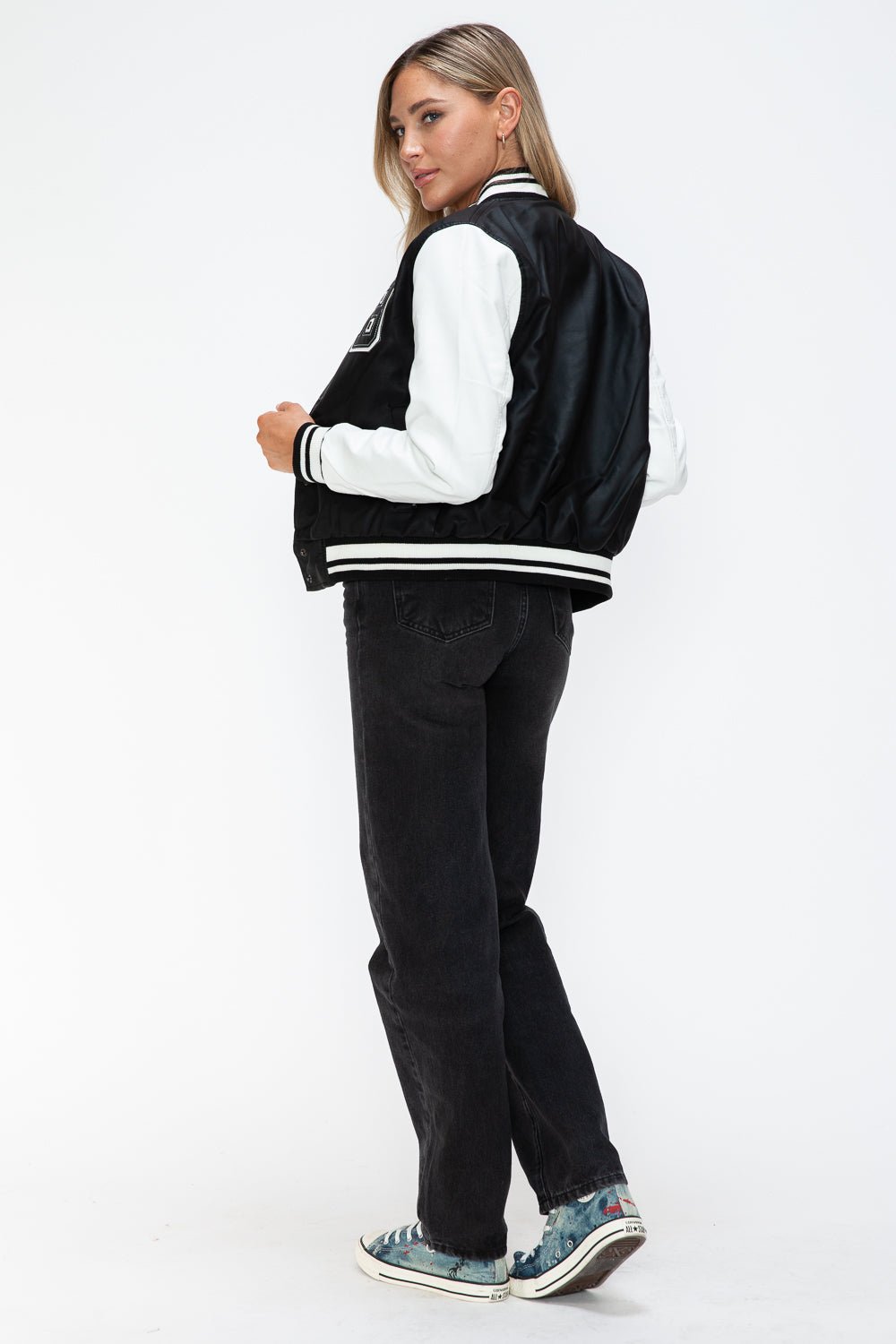 LOVE ME NOW - Black & White Vegan Leather Varsity Bomber Jacket