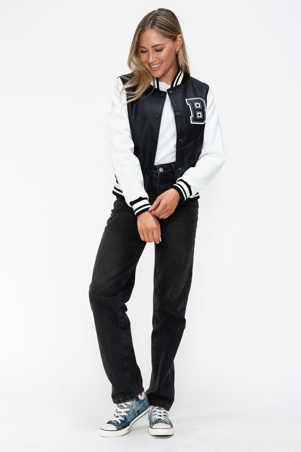 LOVE ME NOW - Black & White Vegan Leather Varsity Bomber Jacket