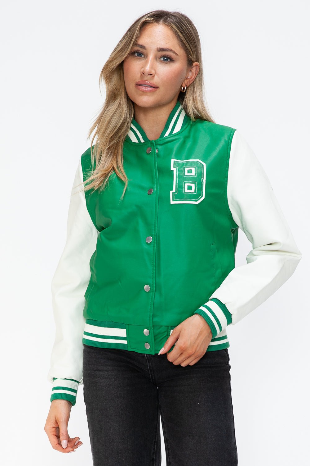 LOVE ME NOW - Green & White Vegan Leather Varsity Bomber Jacket