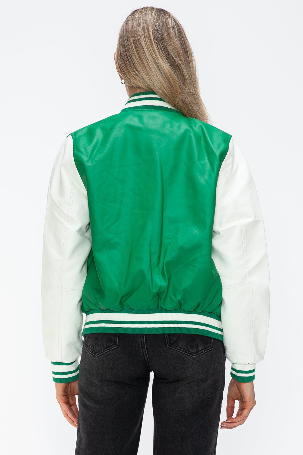 LOVE ME NOW - Green & White Vegan Leather Varsity Bomber Jacket