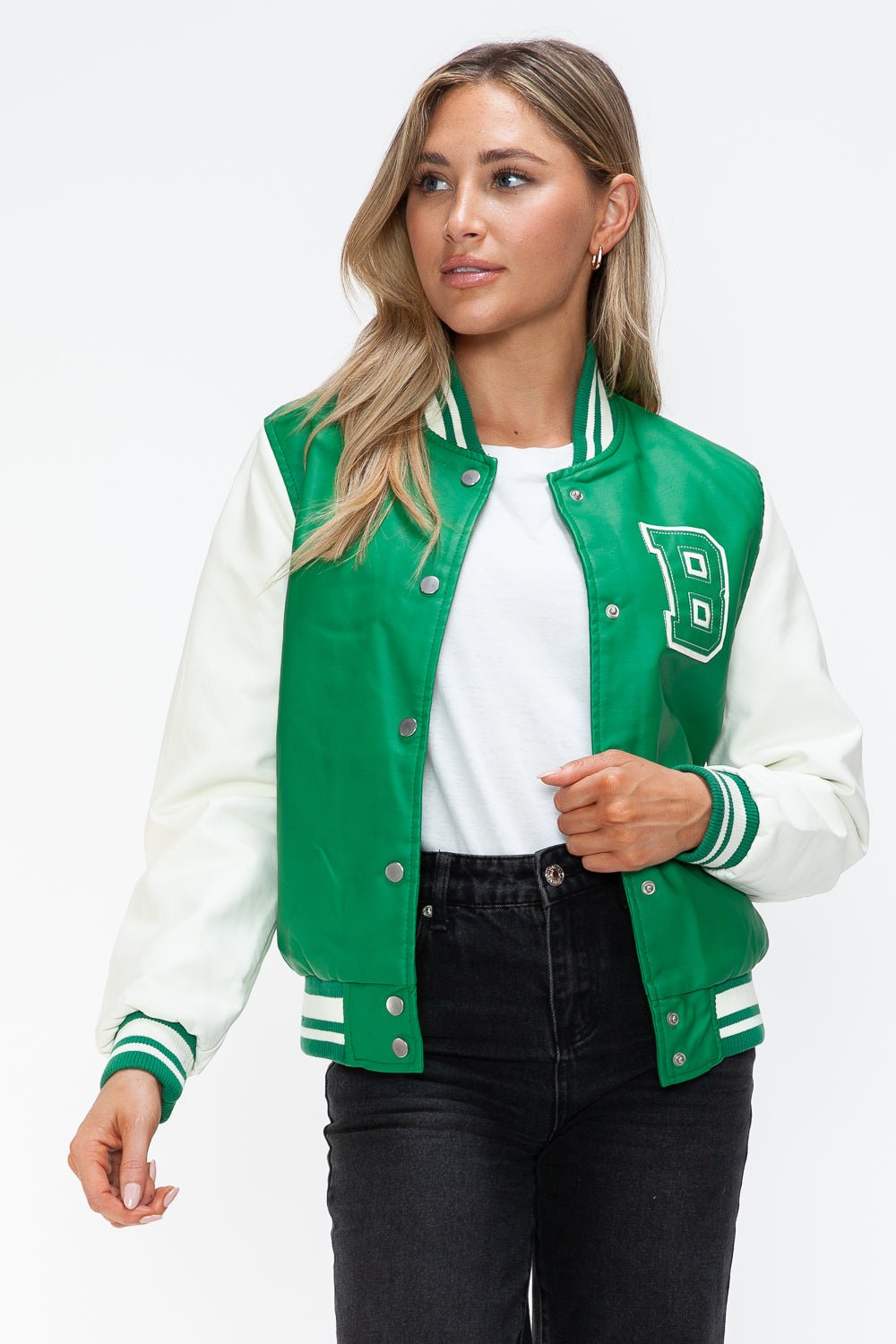 LOVE ME NOW - Green & White Vegan Leather Varsity Bomber Jacket