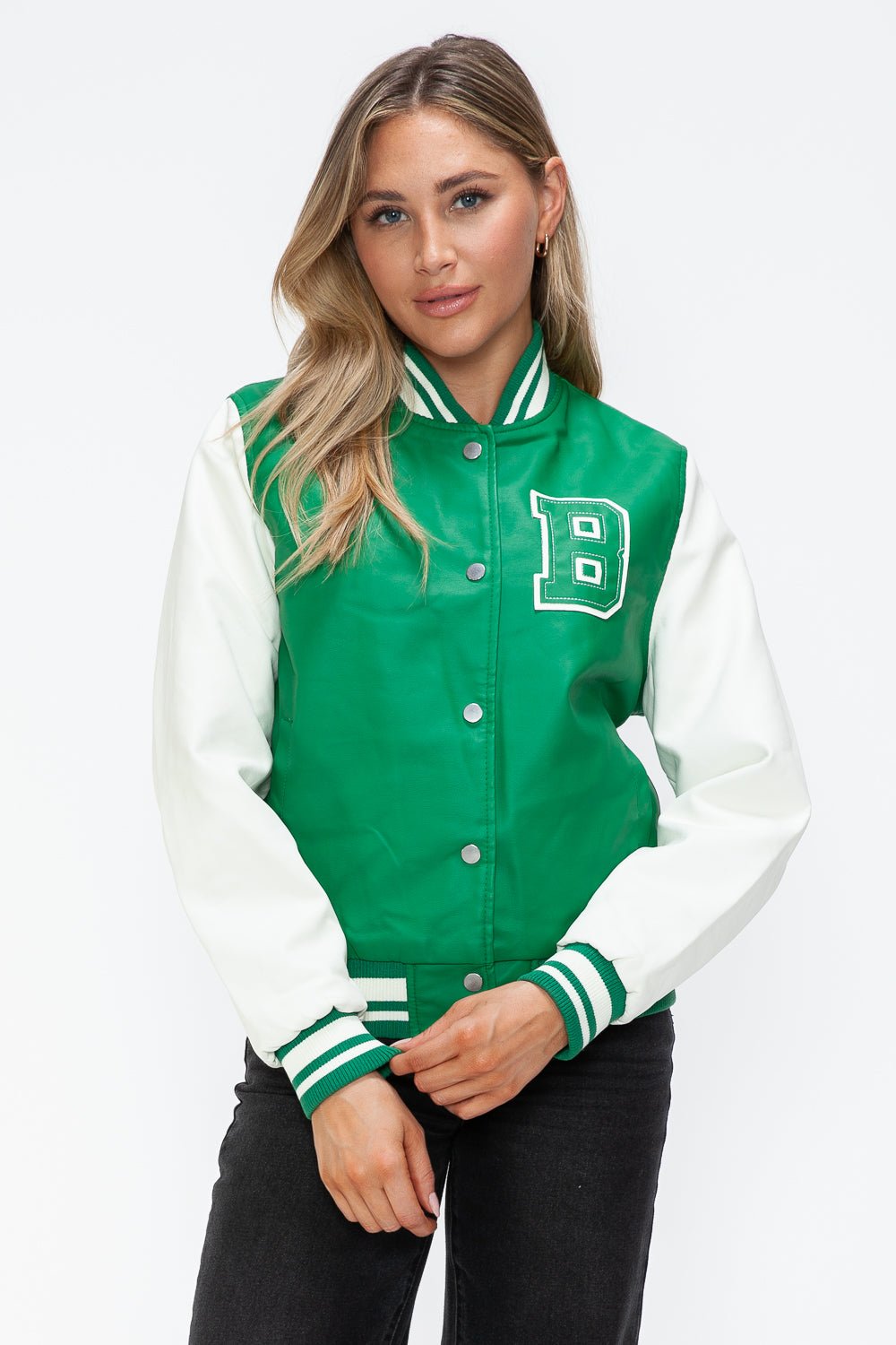 LOVE ME NOW - Green & White Vegan Leather Varsity Bomber Jacket