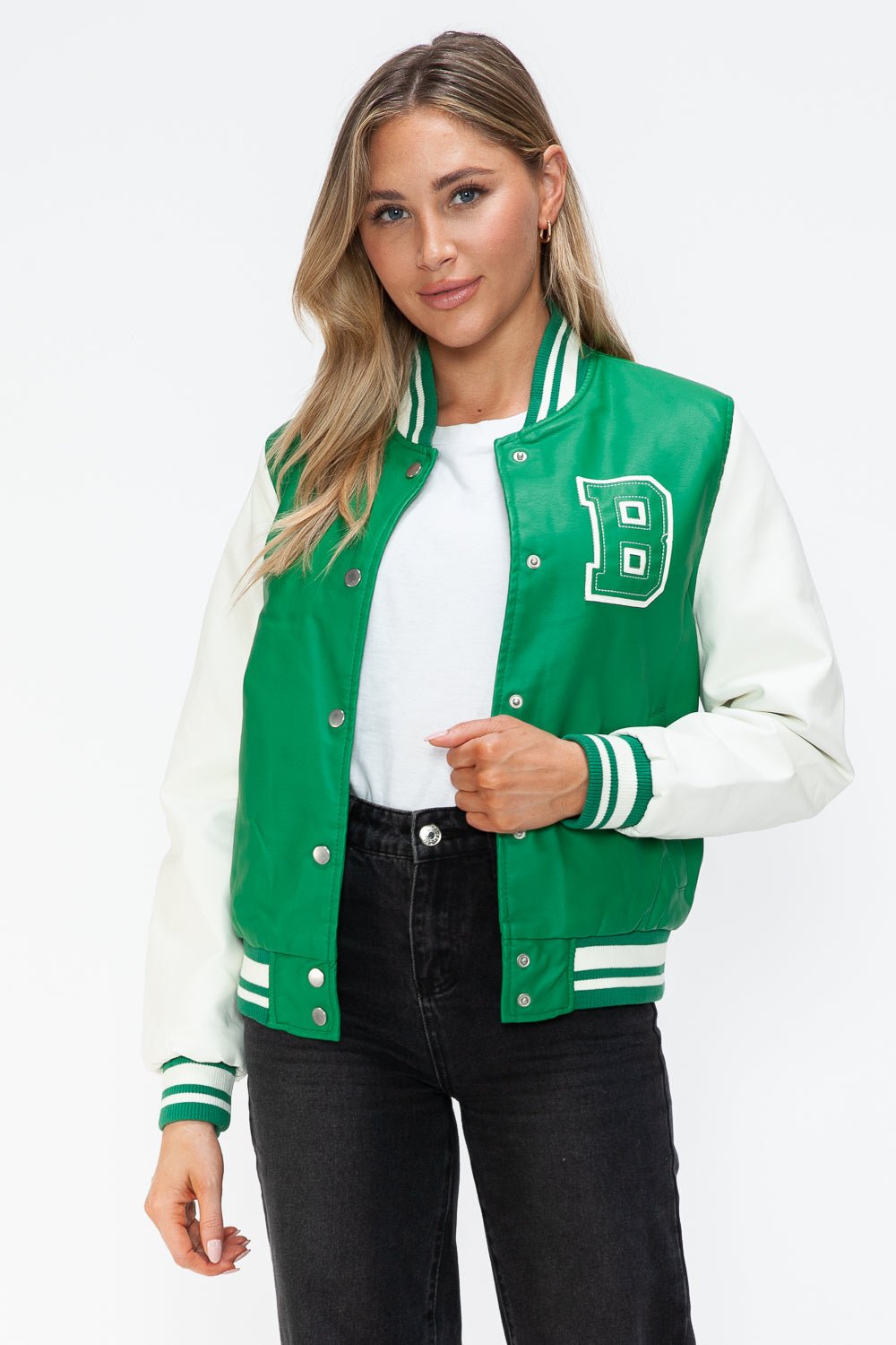 LOVE ME NOW - Green & White Vegan Leather Varsity Bomber Jacket