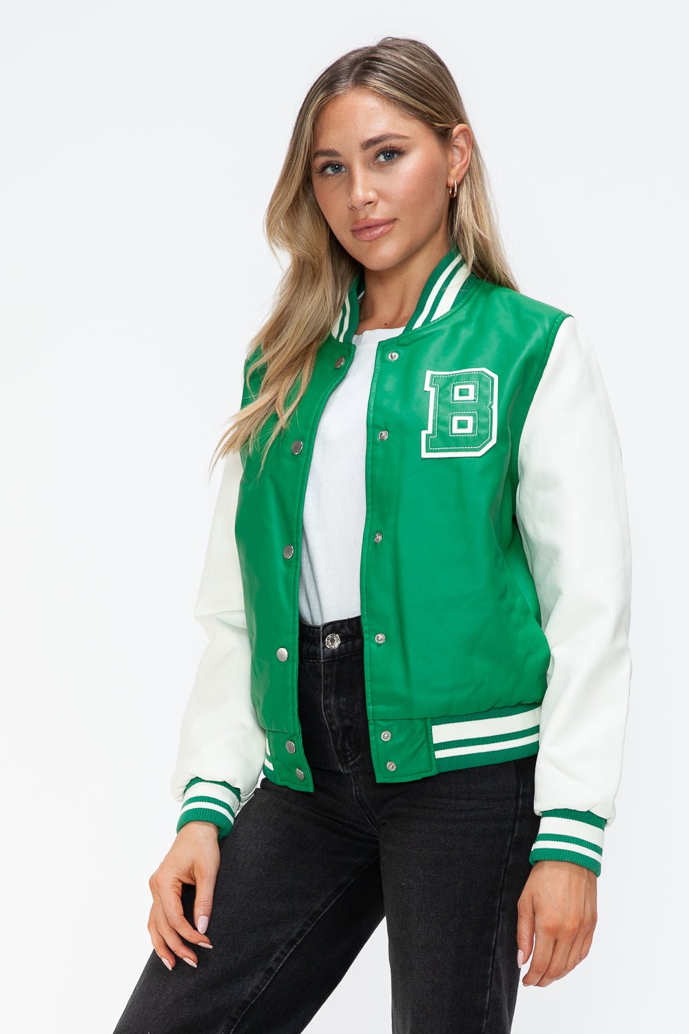 LOVE ME NOW - Green & White Vegan Leather Varsity Bomber Jacket