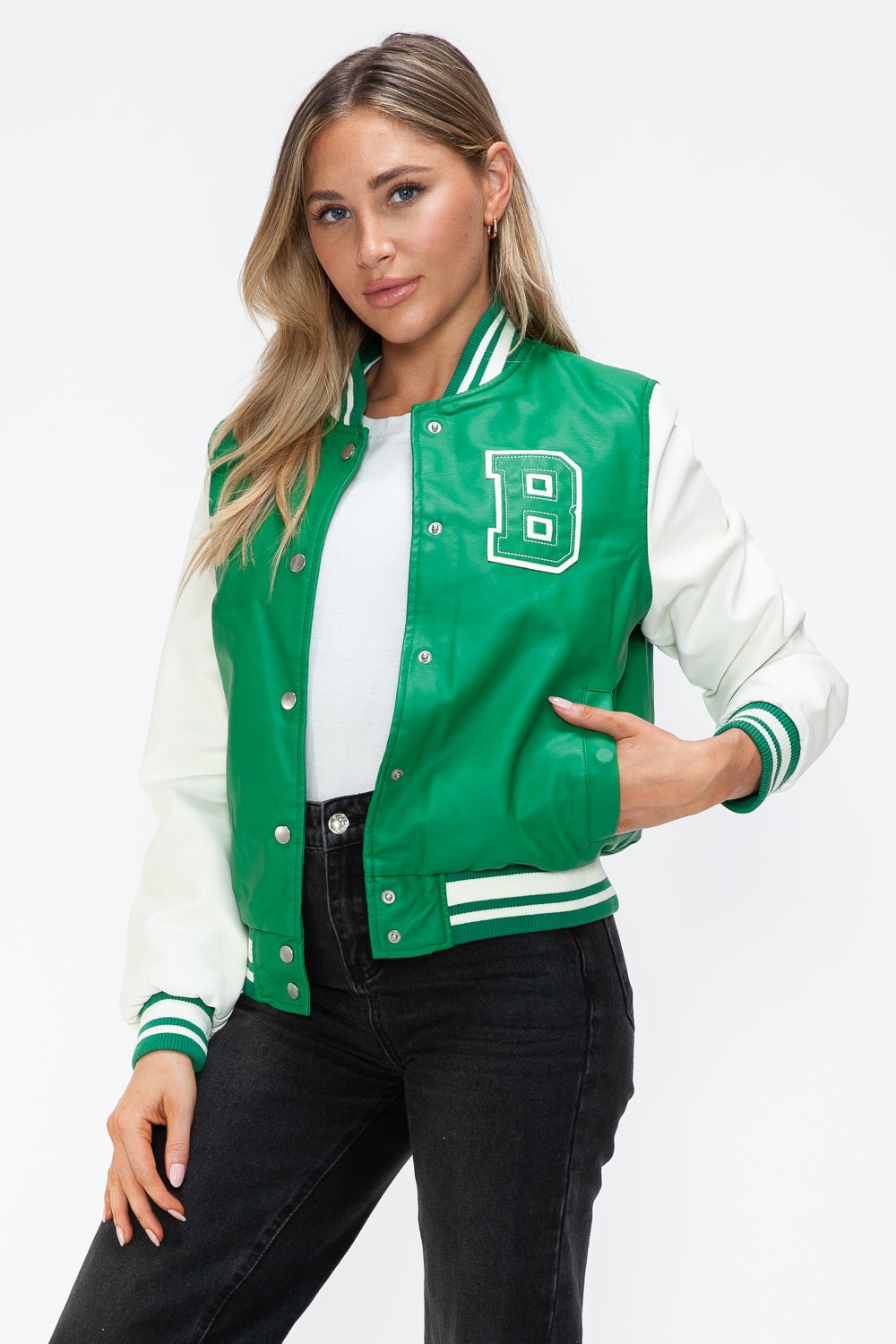 LOVE ME NOW - Green & White Vegan Leather Varsity Bomber Jacket