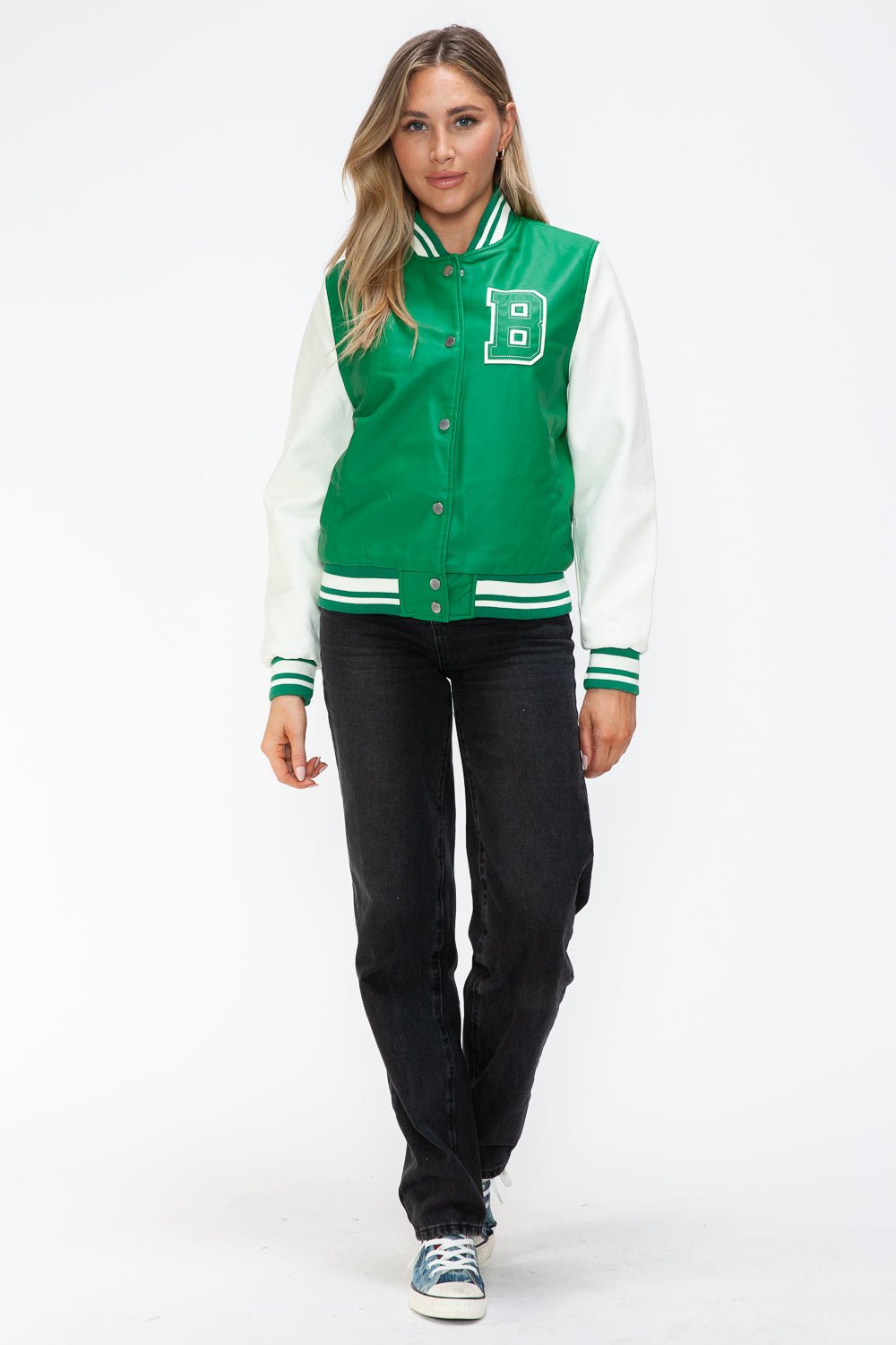 LOVE ME NOW - Green & White Vegan Leather Varsity Bomber Jacket