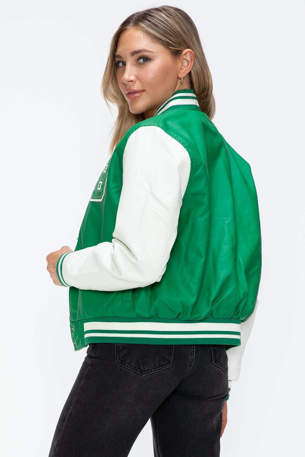 LOVE ME NOW - Green & White Vegan Leather Varsity Bomber Jacket