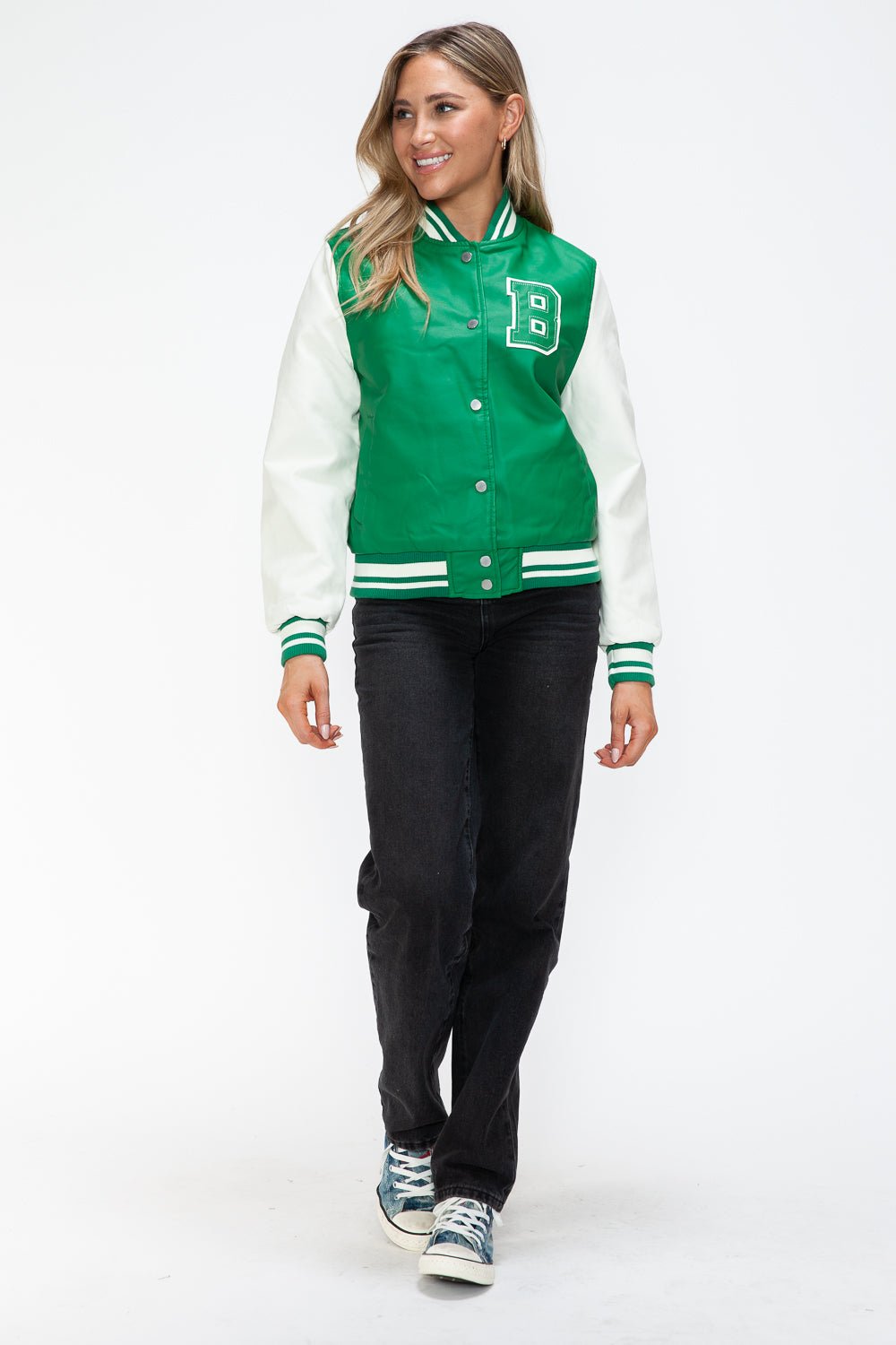 LOVE ME NOW - Green & White Vegan Leather Varsity Bomber Jacket