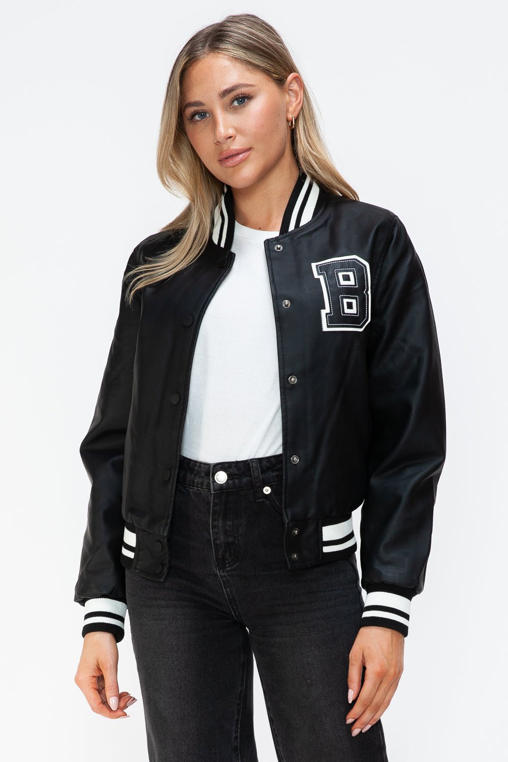 LOVE ME NOW - Midnight Black Vegan Leather Varsity Bomber Jacket