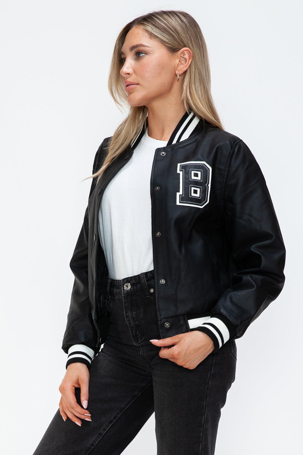 LOVE ME NOW - Midnight Black Vegan Leather Varsity Bomber Jacket