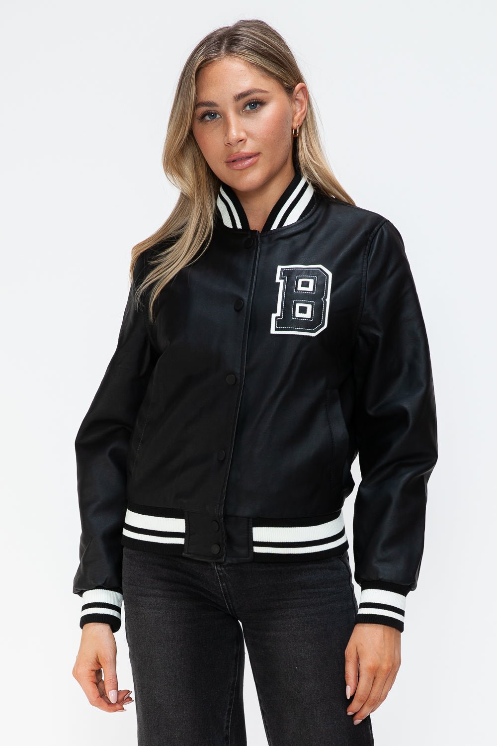 LOVE ME NOW - Midnight Black Vegan Leather Varsity Bomber Jacket