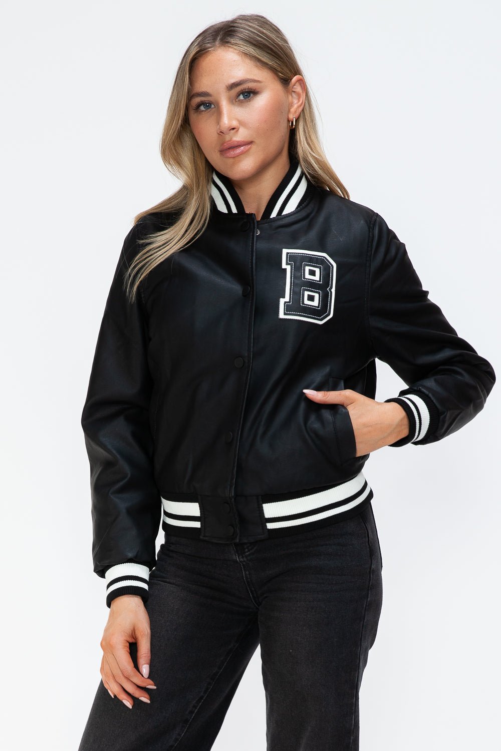 LOVE ME NOW - Midnight Black Vegan Leather Varsity Bomber Jacket