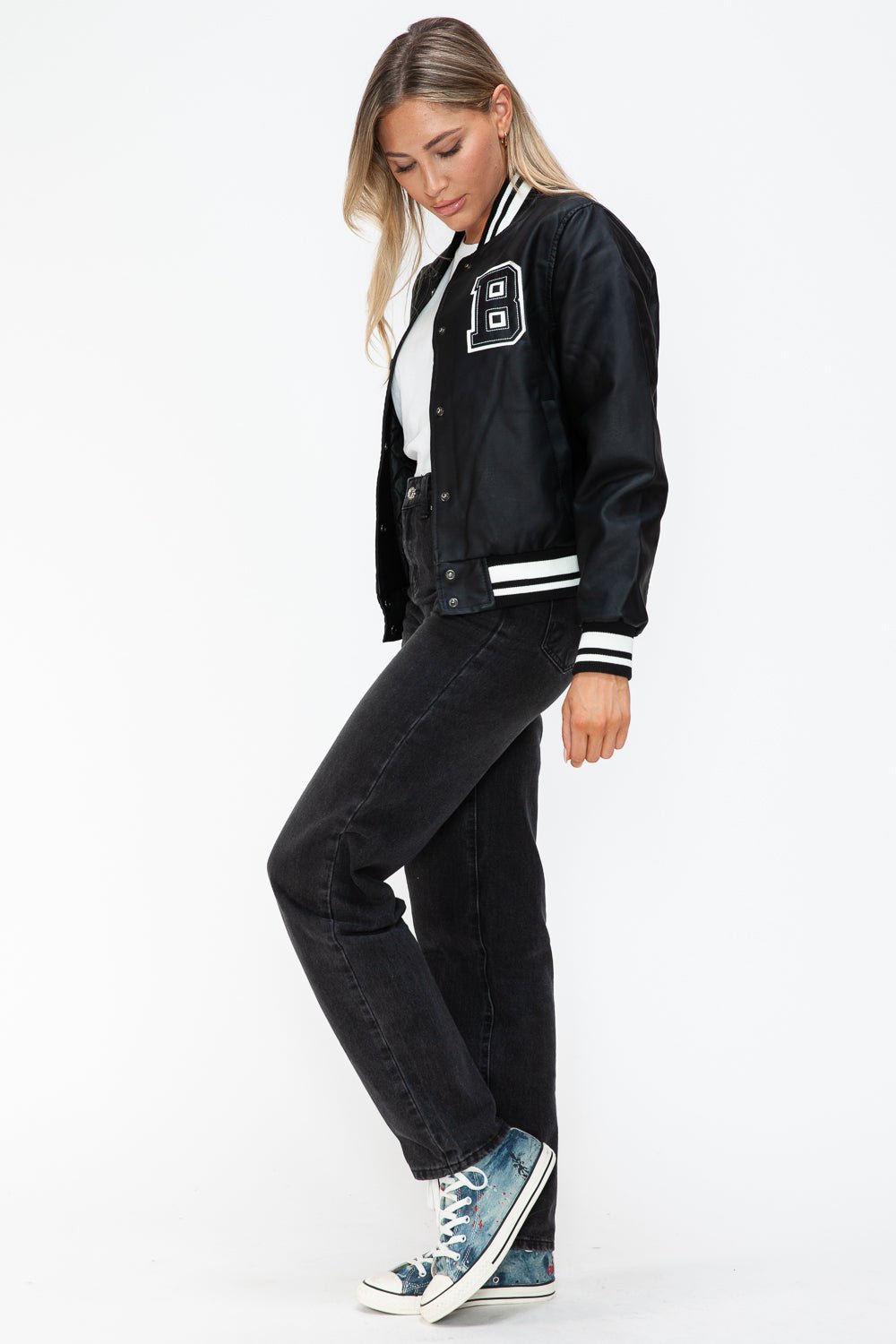 LOVE ME NOW - Midnight Black Vegan Leather Varsity Bomber Jacket