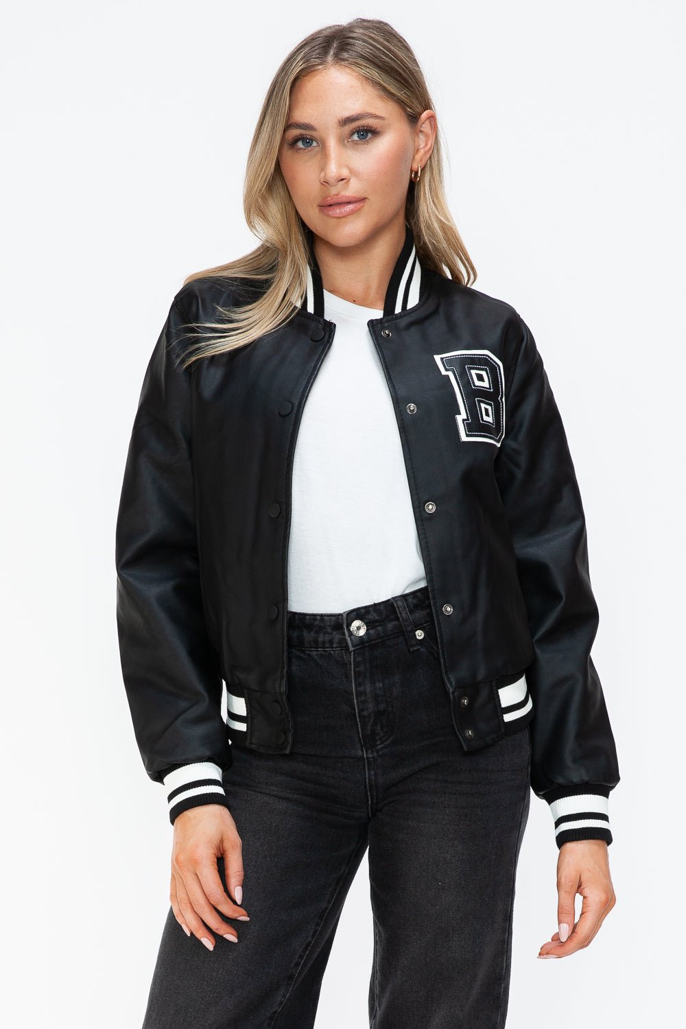 LOVE ME NOW - Midnight Black Vegan Leather Varsity Bomber Jacket