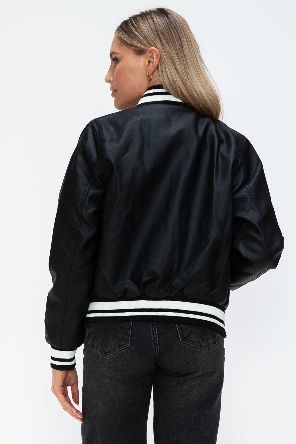 LOVE ME NOW - Midnight Black Vegan Leather Varsity Bomber Jacket