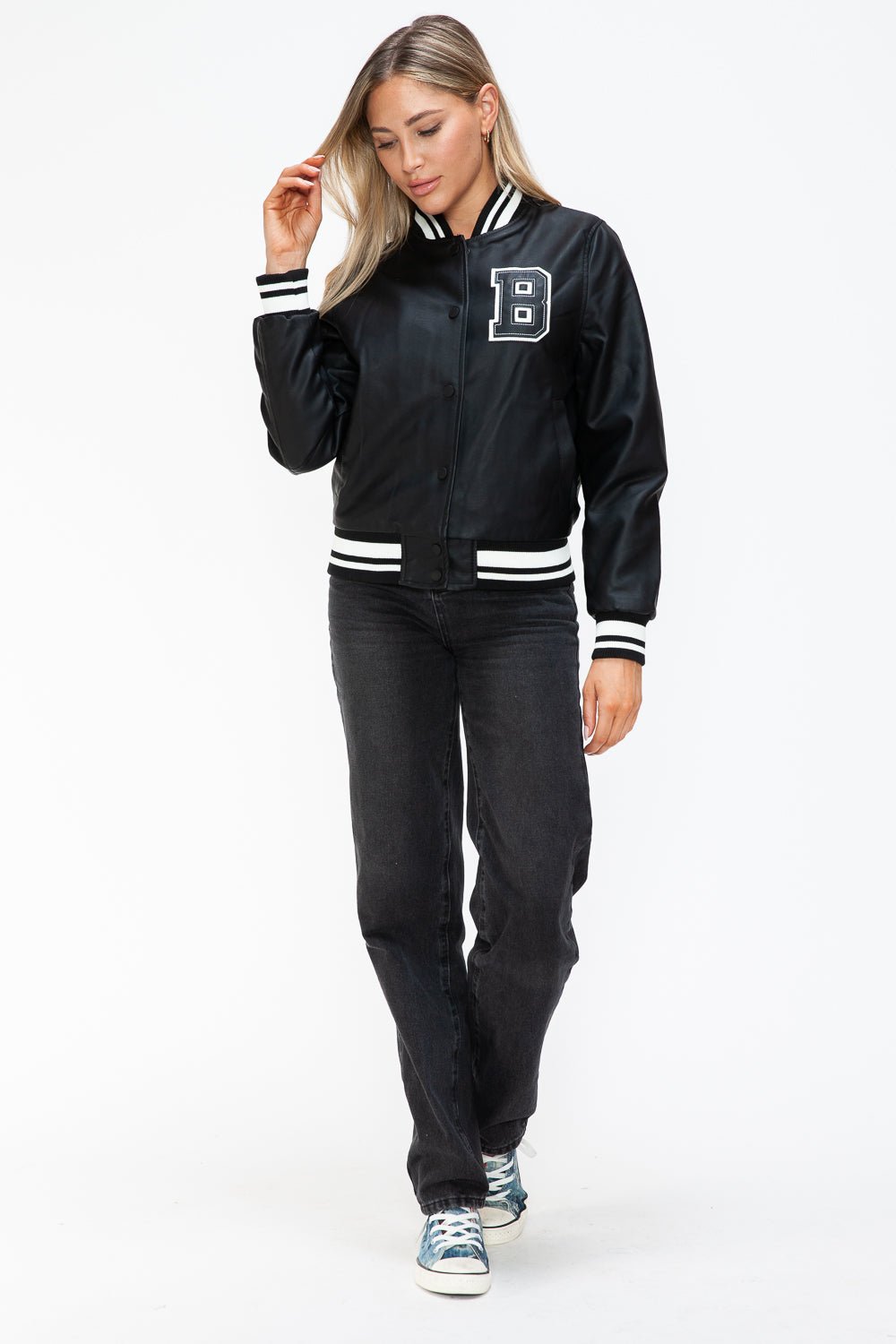 LOVE ME NOW - Midnight Black Vegan Leather Varsity Bomber Jacket