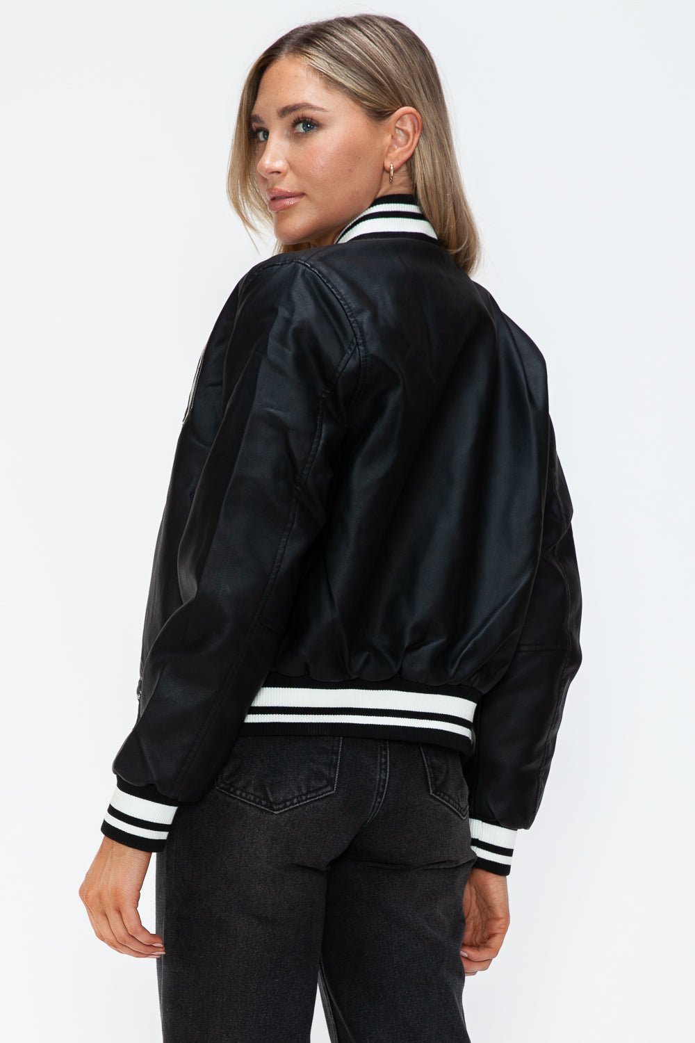 LOVE ME NOW - Midnight Black Vegan Leather Varsity Bomber Jacket