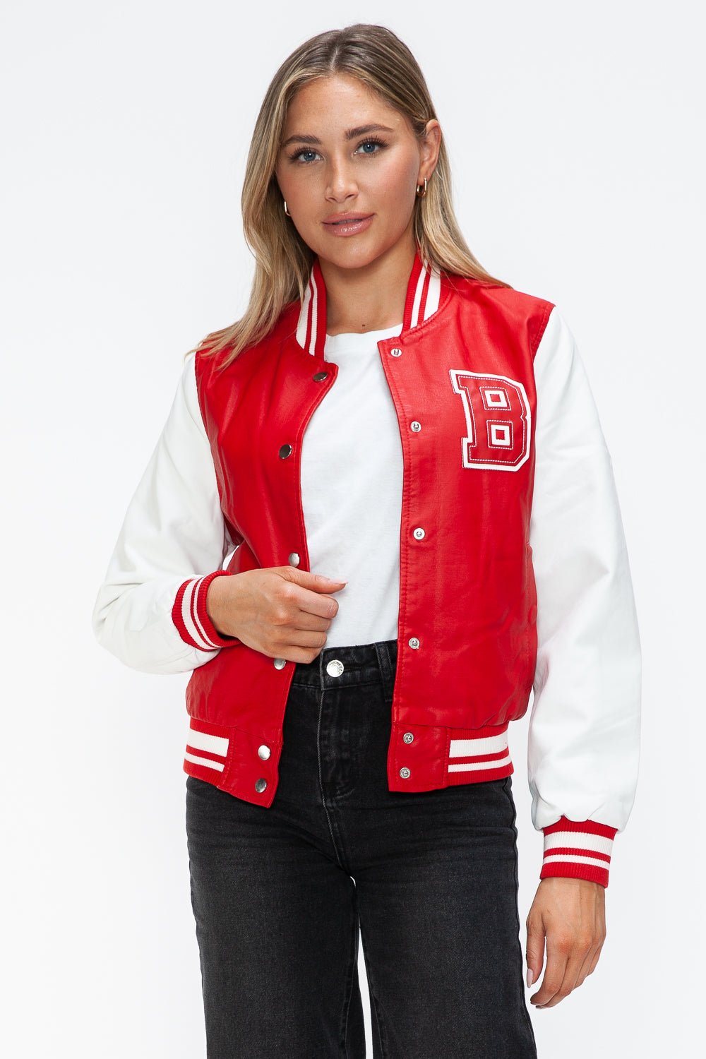 LOVE ME NOW - Red & White Vegan Leather Varsity Bomber Jacket