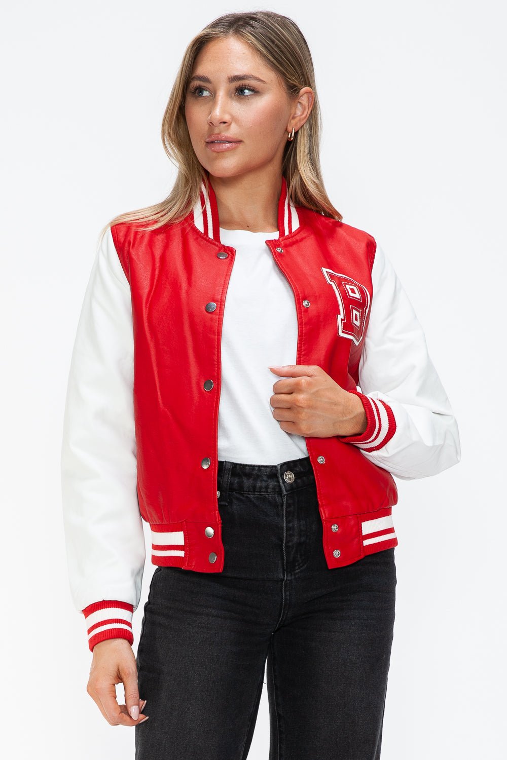 LOVE ME NOW - Red & White Vegan Leather Varsity Bomber Jacket