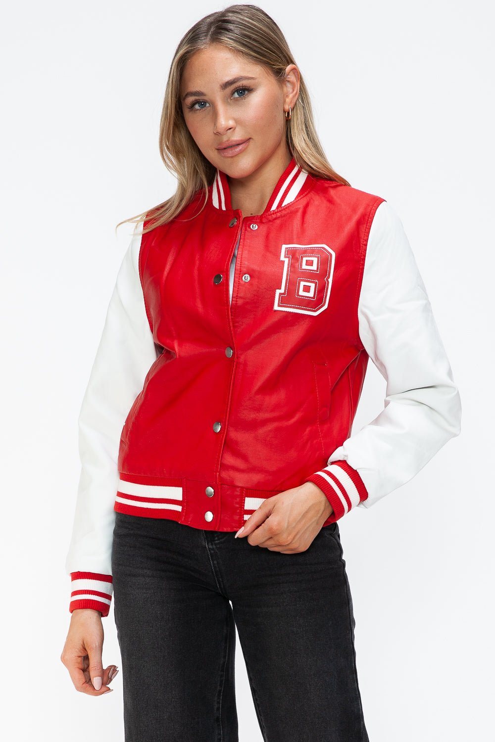 LOVE ME NOW - Red & White Vegan Leather Varsity Bomber Jacket