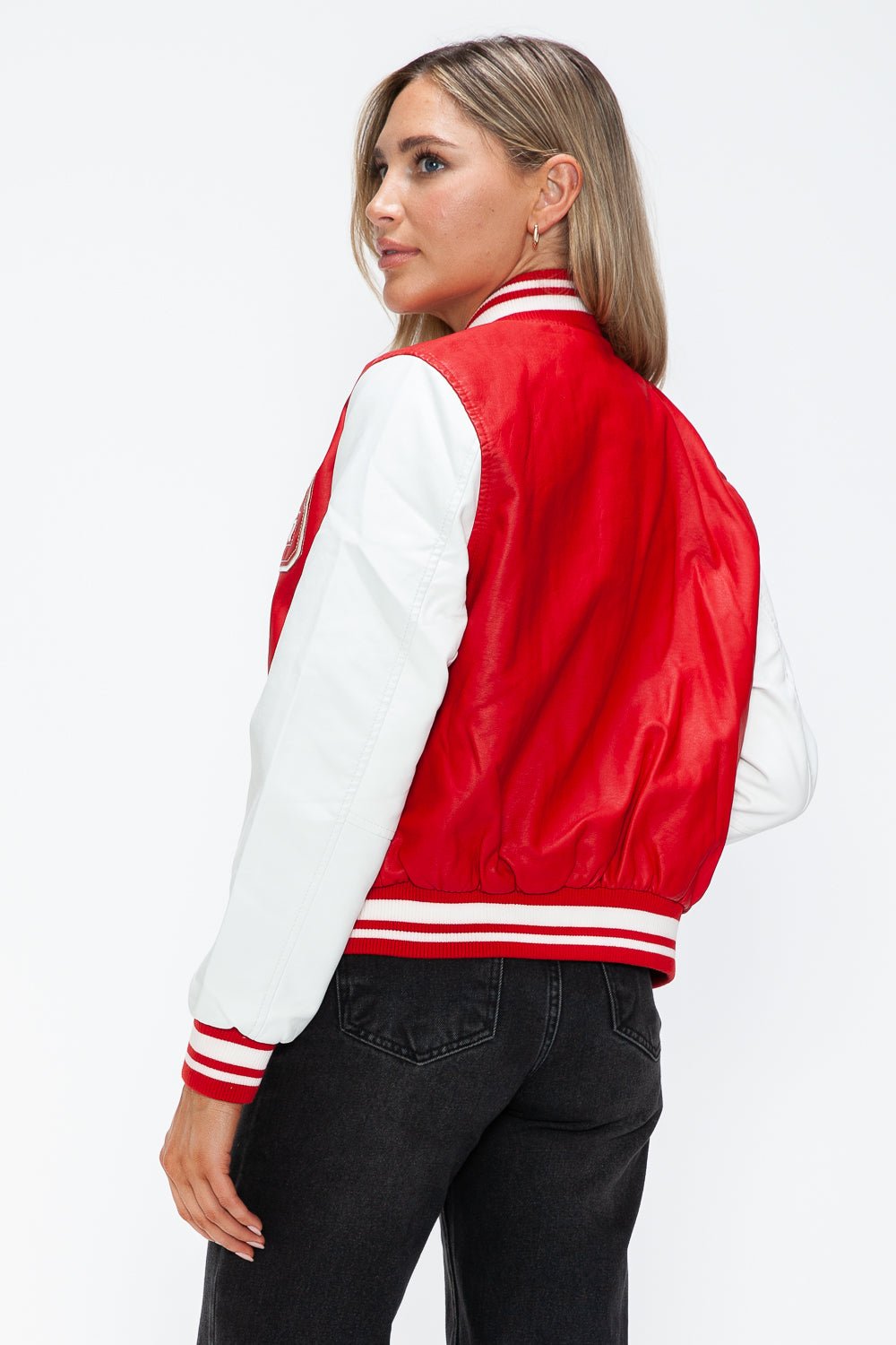 LOVE ME NOW - Red & White Vegan Leather Varsity Bomber Jacket