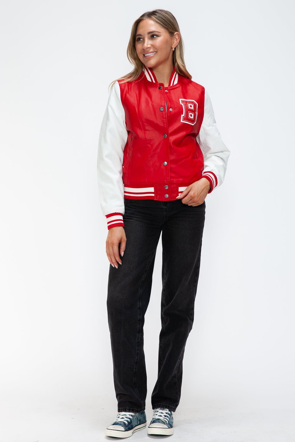 LOVE ME NOW - Red & White Vegan Leather Varsity Bomber Jacket